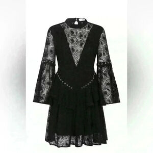 SASS & BIDE Layered Floral Lace Dress ROSE STORY Black Bell Sleeves SZ XXS